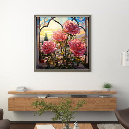 Glass Painting - Pink Roses By The Window - 11CT Stamped Cross Stitch 50*50CM