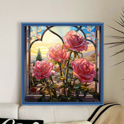 Glass Painting - Pink Roses By The Window - 11CT Stamped Cross Stitch 50*50CM