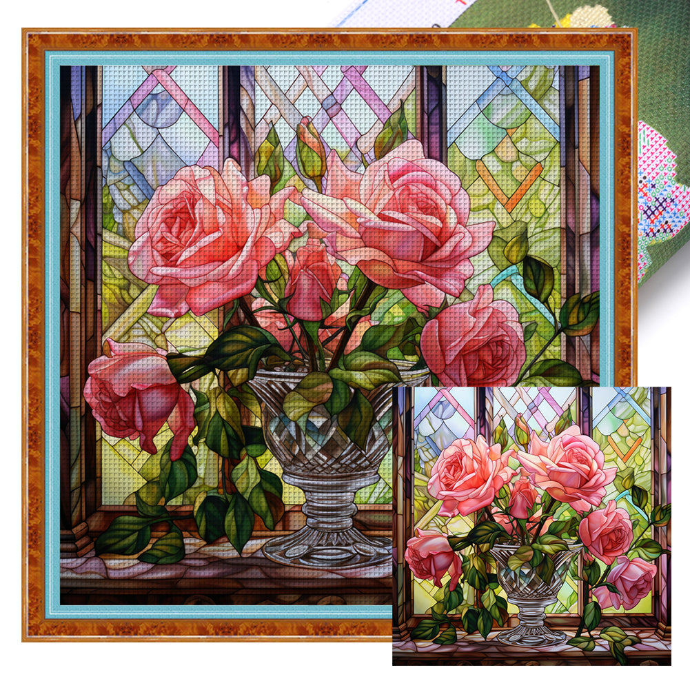 Glass Painting - Pink Roses By The Window - 11CT Stamped Cross Stitch 50*50CM