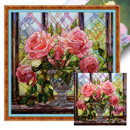 Glass Painting - Pink Roses By The Window - 11CT Stamped Cross Stitch 50*50CM