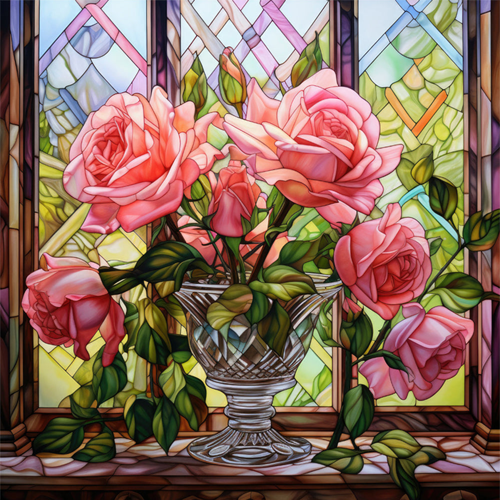 Glass Painting - Pink Roses By The Window - 11CT Stamped Cross Stitch 50*50CM