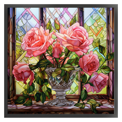 Glass Painting - Pink Roses By The Window - 11CT Stamped Cross Stitch 50*50CM
