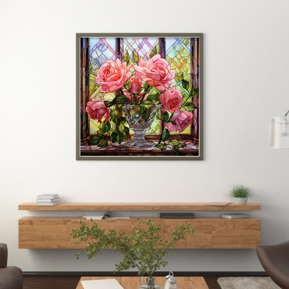 Glass Painting - Pink Roses By The Window - 11CT Stamped Cross Stitch 50*50CM