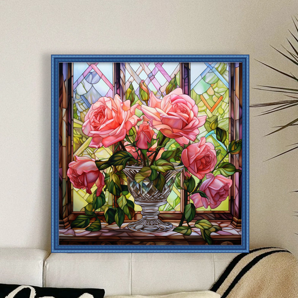 Glass Painting - Pink Roses By The Window - 11CT Stamped Cross Stitch 50*50CM