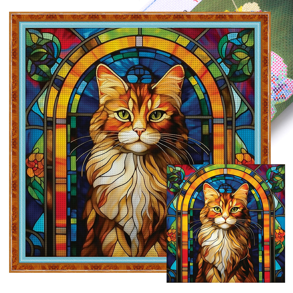 Glass Painting-Cat - 11CT Stamped Cross Stitch 50*50CM