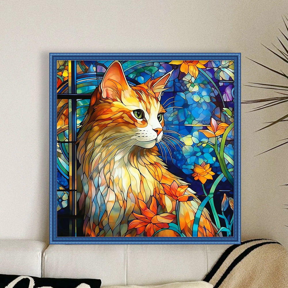 Glass Painting-Cat - 11CT Stamped Cross Stitch 50*50CM