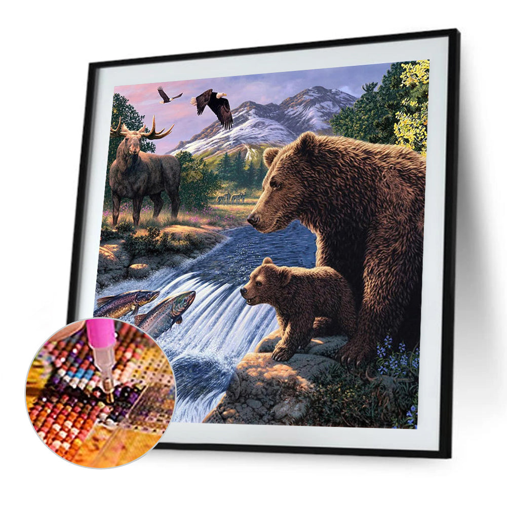 Forest With River Grizzly Bear And Fish - Full Square Drill Diamond Painting 40*40CM