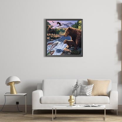 Forest With River Grizzly Bear And Fish - Full Square Drill Diamond Painting 40*40CM