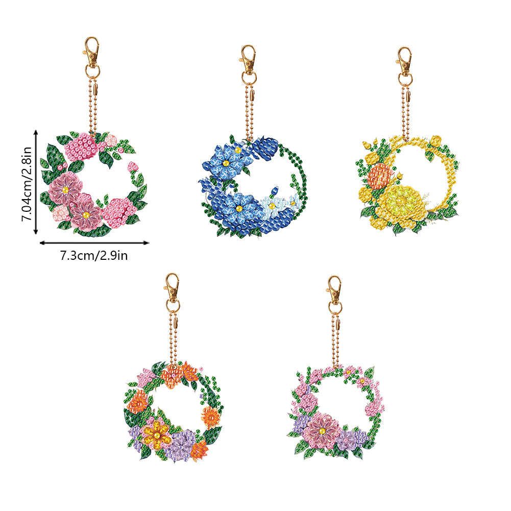 5PCS Full Drill Keyring Wreath Double Sided Rhinestone Painting Keychain Pendant