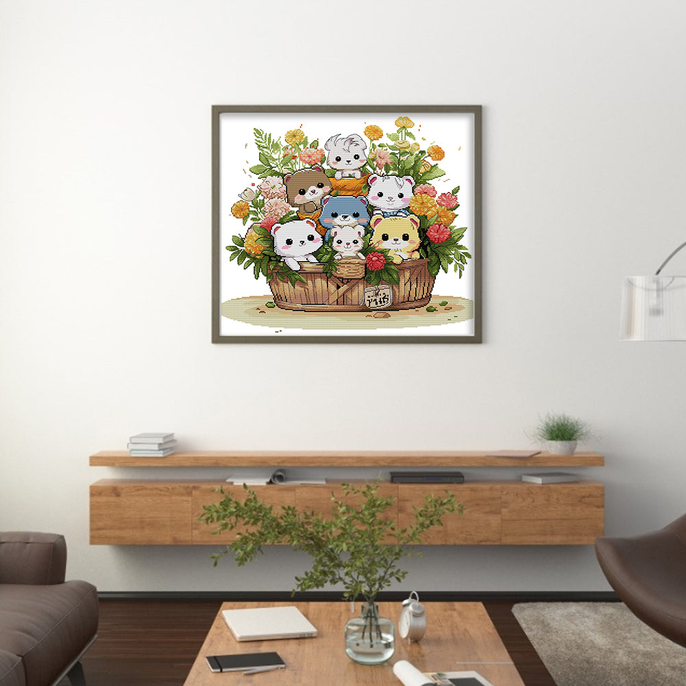 Flower Basket Cat - 14CT Stamped Cross Stitch 50*47CM(Joy Sunday)