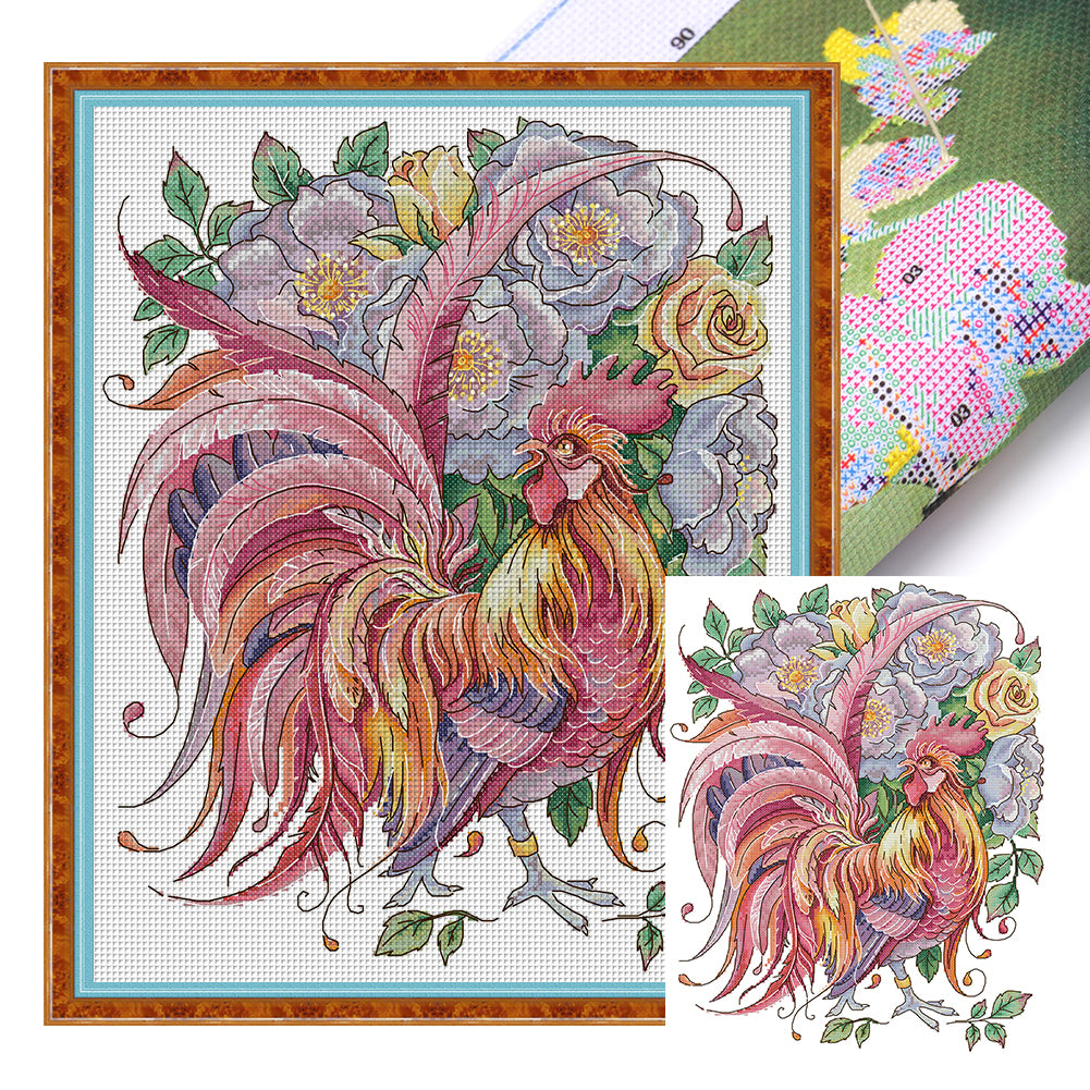 Rooster Among Roses - 14CT Stamped Cross Stitch 32*40CM(Joy Sunday)