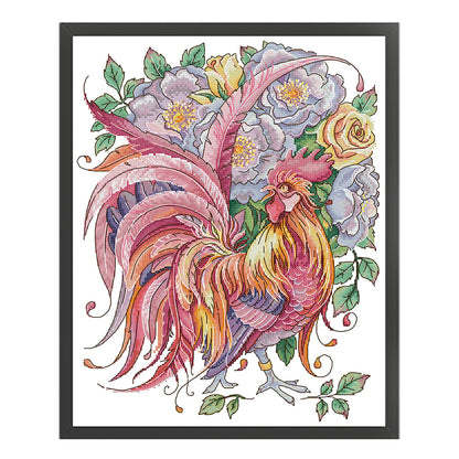 Rooster Among Roses - 14CT Stamped Cross Stitch 32*40CM(Joy Sunday)