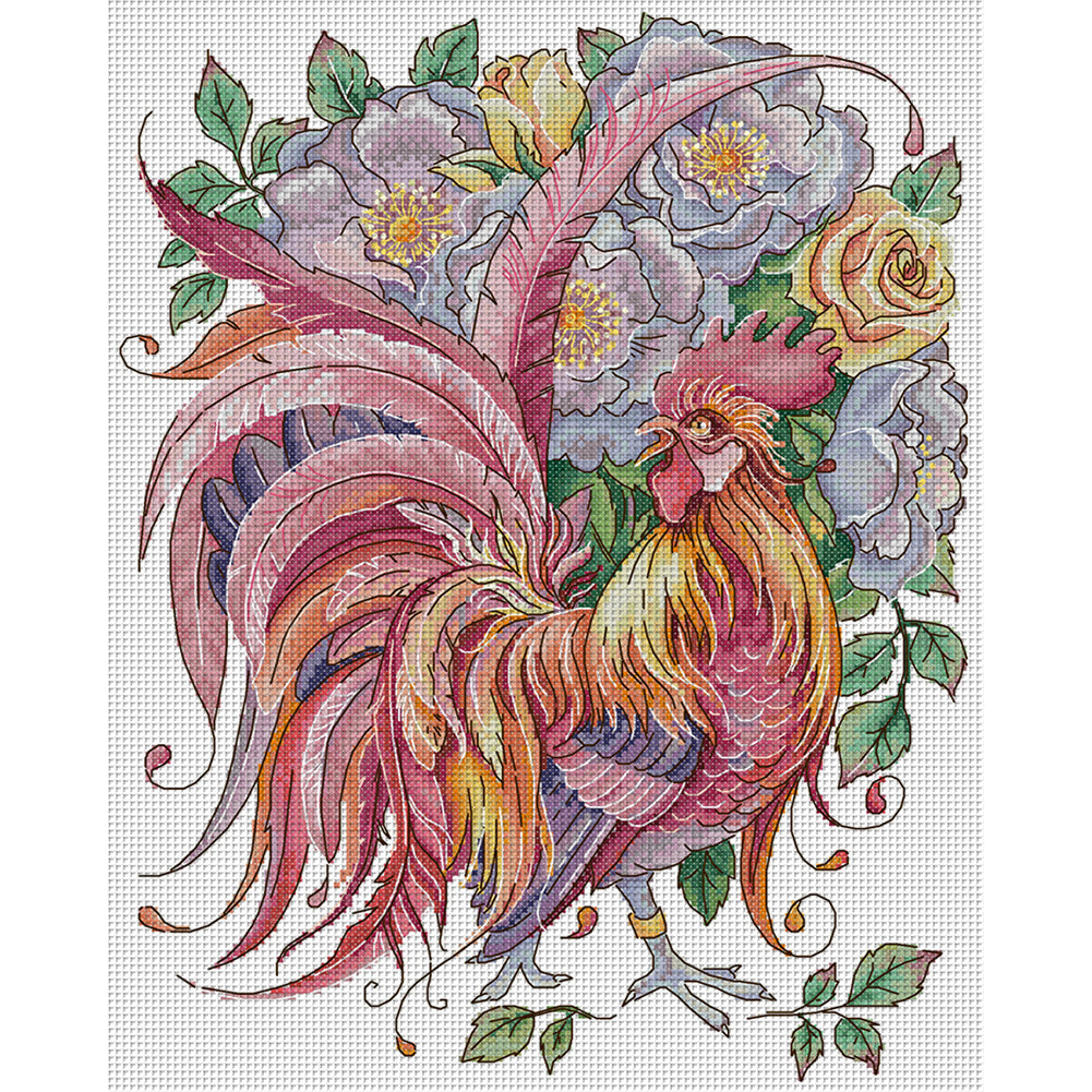 Rooster Among Roses - 14CT Stamped Cross Stitch 32*40CM(Joy Sunday)