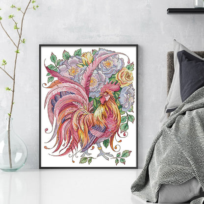 Rooster Among Roses - 14CT Stamped Cross Stitch 32*40CM(Joy Sunday)