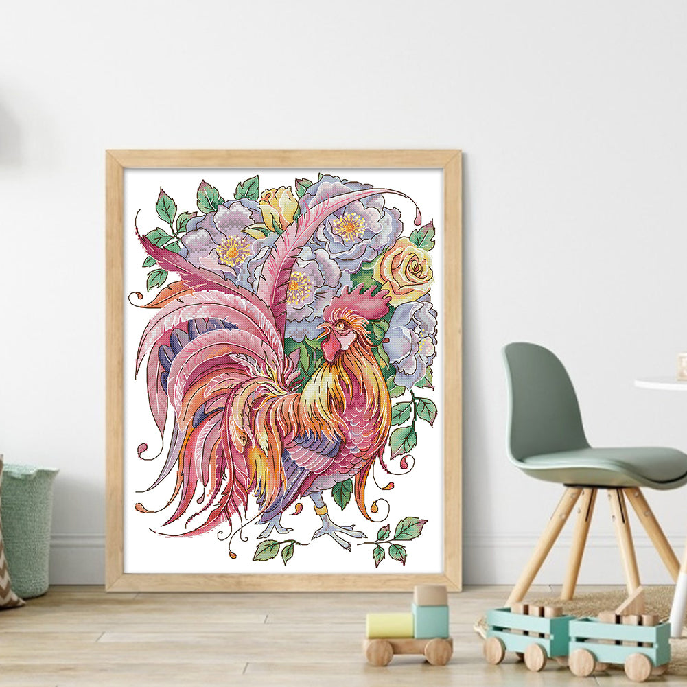 Rooster Among Roses - 14CT Stamped Cross Stitch 32*40CM(Joy Sunday)