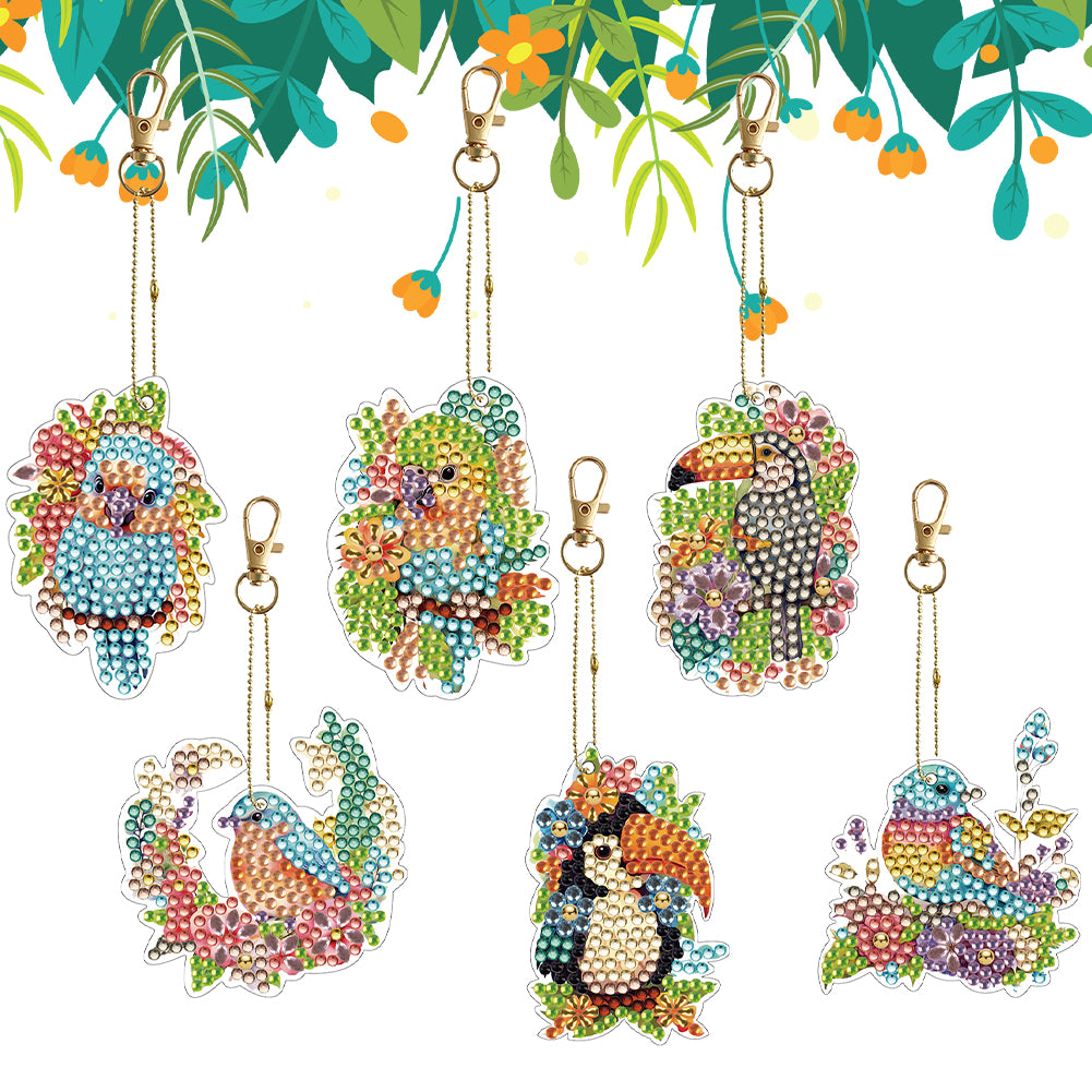 6PCS Double Sided Special Shape Diamond Painting Keychain (Birds)