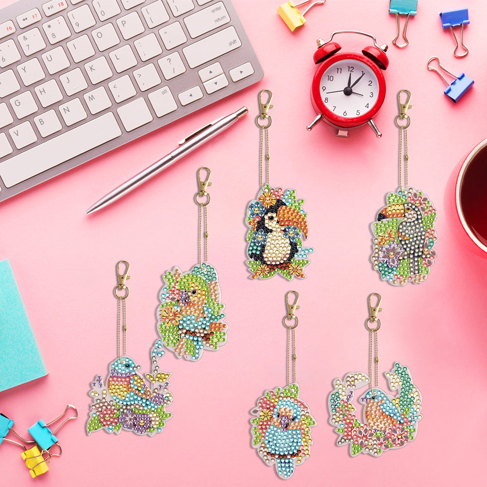 6PCS Double Sided Special Shape Diamond Painting Keychain (Birds)