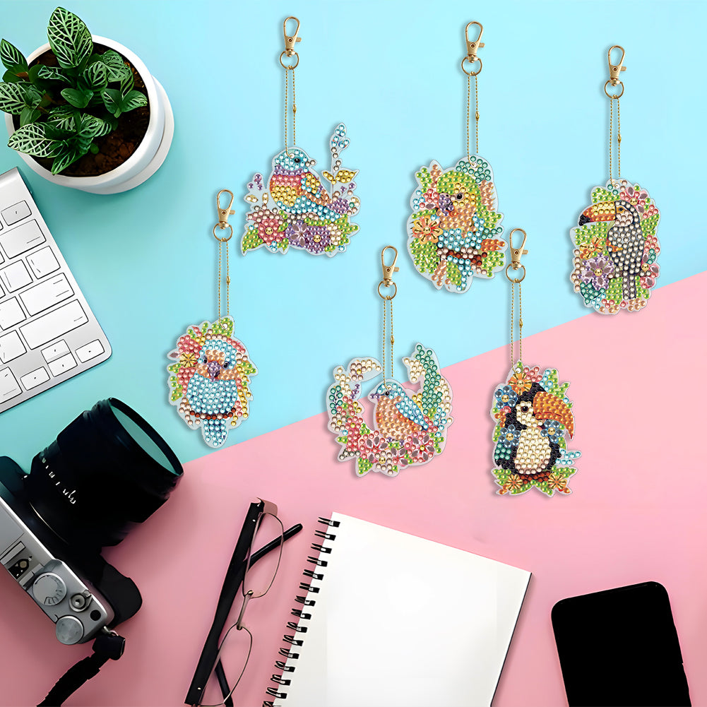 6PCS Double Sided Special Shape Diamond Painting Keychain (Birds)