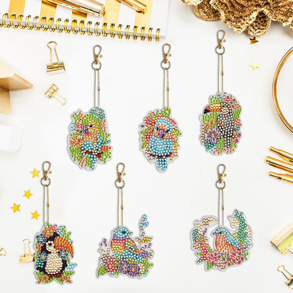 6PCS Double Sided Special Shape Diamond Painting Keychain (Birds)