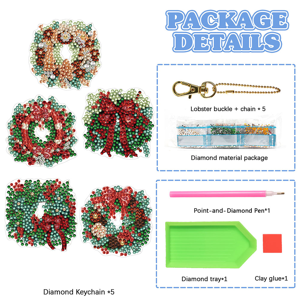 5PCS Double Sided Special Shape Diamond Painting Keychain (Christmas Wreath)