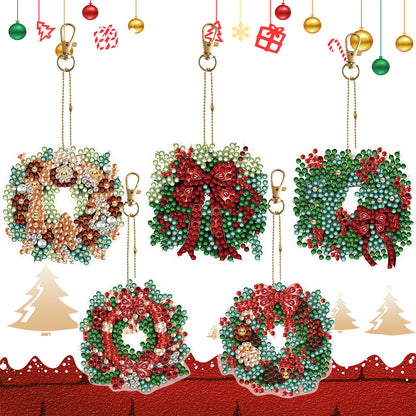 5PCS Double Sided Special Shape Diamond Painting Keychain (Christmas Wreath)