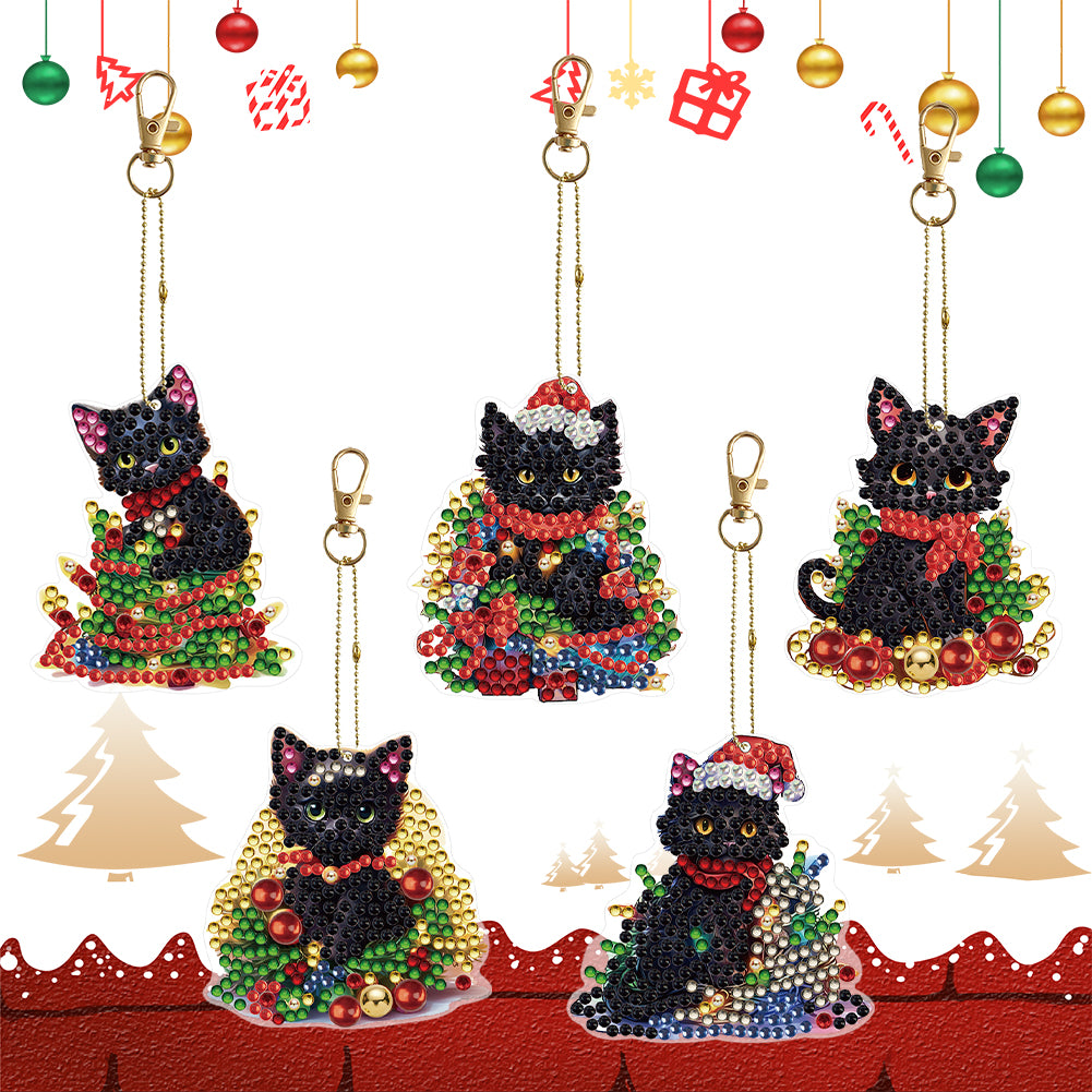 5PCS Double Sided Special Shape Diamond Painting Keychain (Christmas Black Cat)