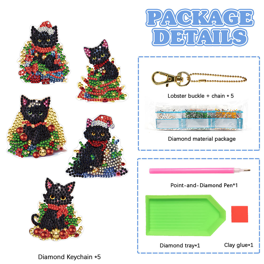 5PCS Double Sided Special Shape Diamond Painting Keychain (Christmas Black Cat)