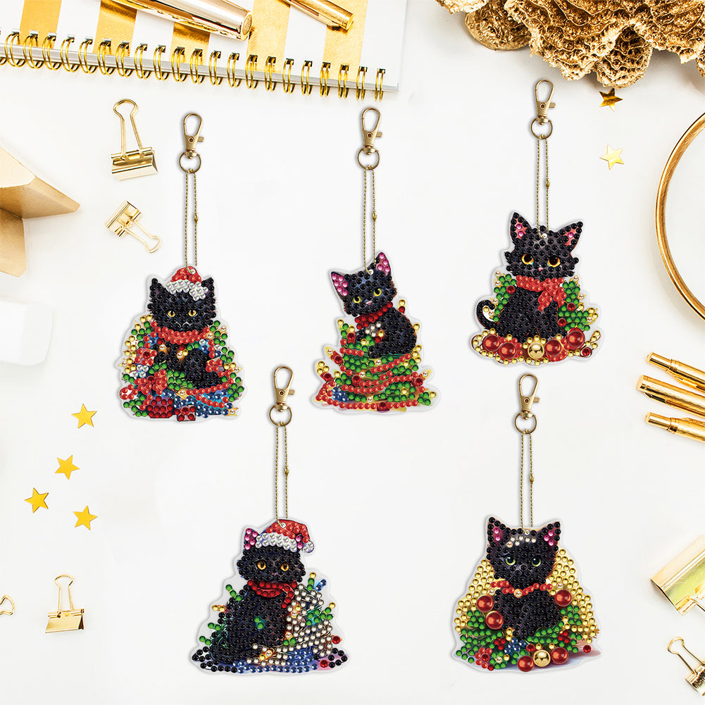 5PCS Double Sided Special Shape Diamond Painting Keychain (Christmas Black Cat)