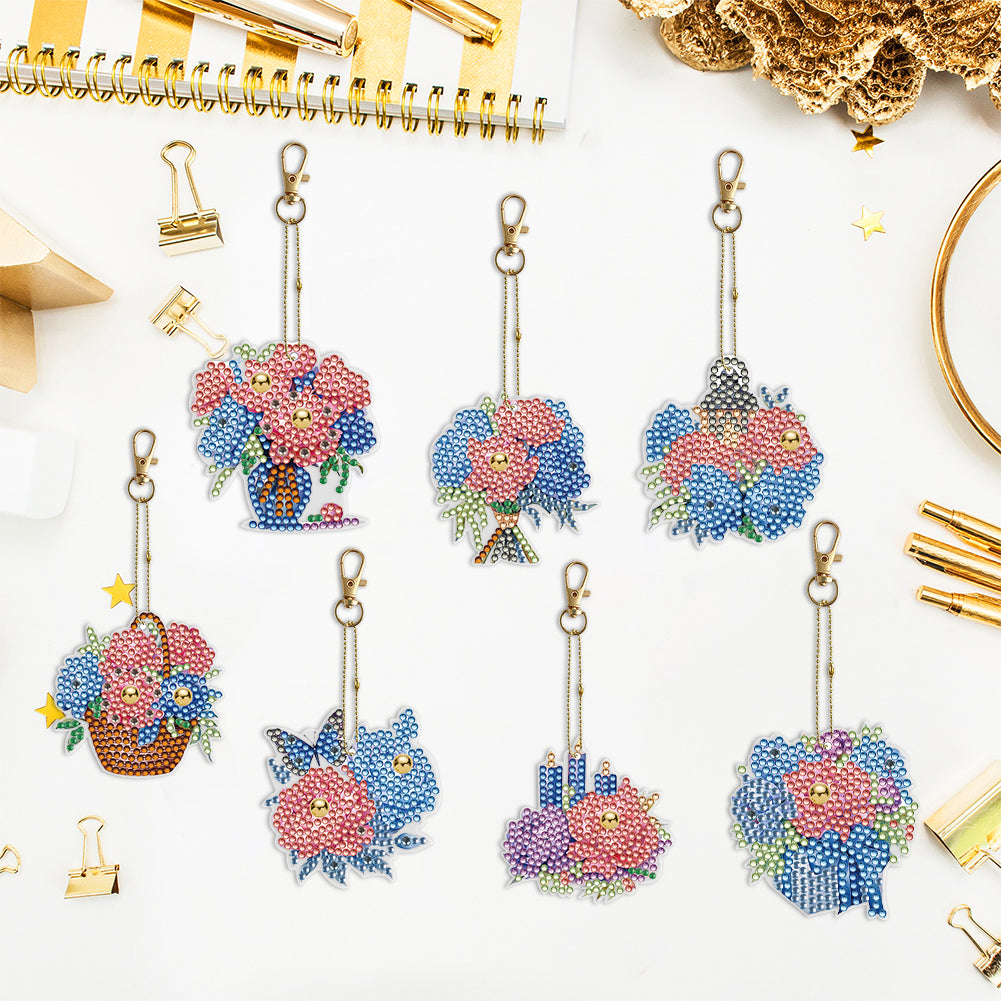 7PCS Double Sided Special Shape Diamond Painting Keychain (Flowers)