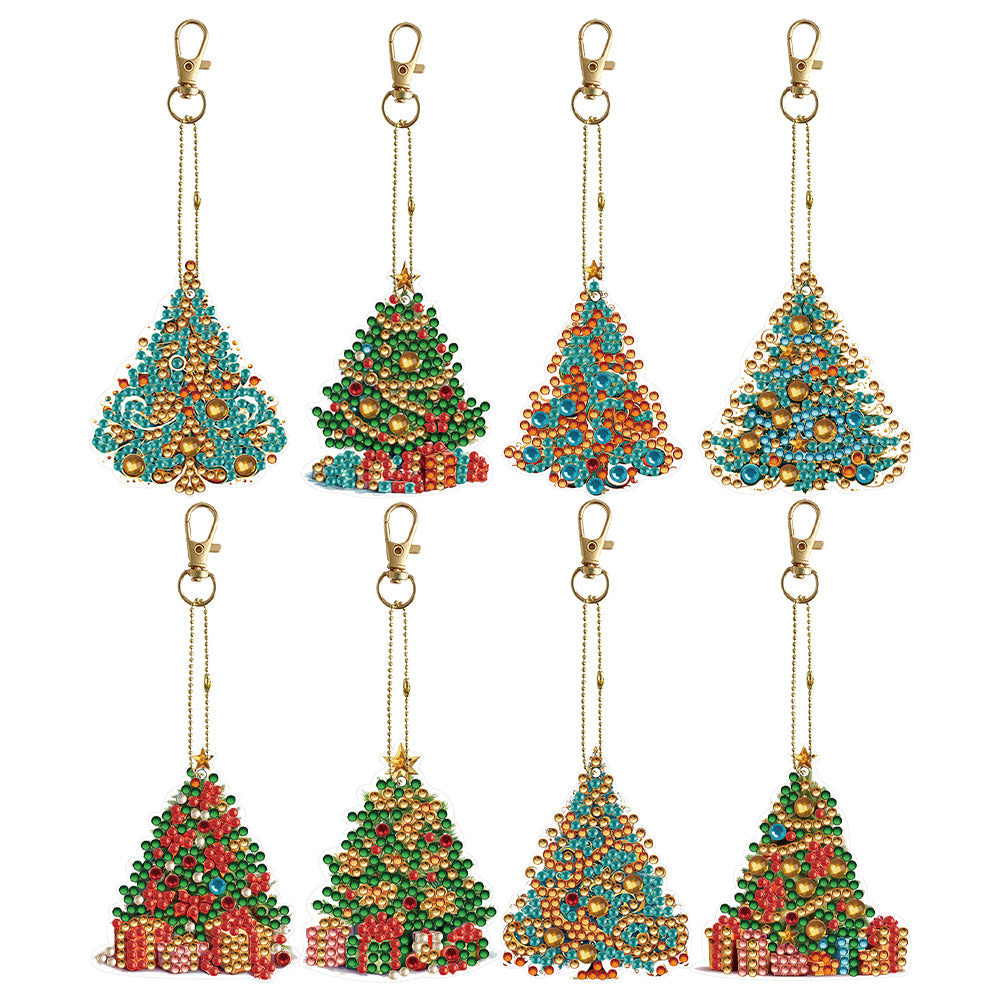 8PCS Double Sided Full Drill Keyring Special Shape Diamond Art Keyring Xmas Tree