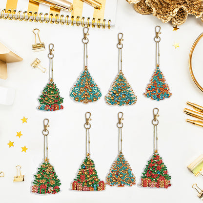 8PCS Double Sided Full Drill Keyring Special Shape Diamond Art Keyring Xmas Tree