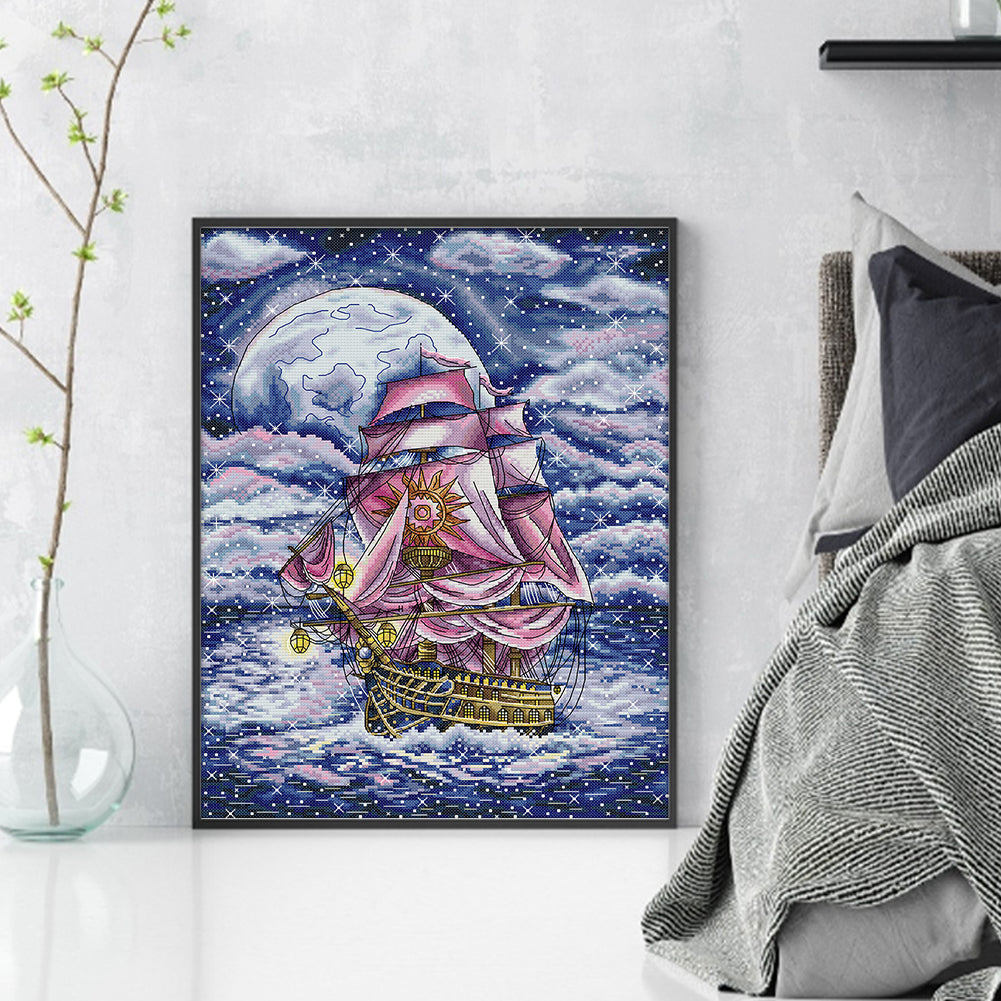 Sailing Boat Under The Stars - 14CT Stamped Cross Stitch 35*44CM(Joy Sunday)