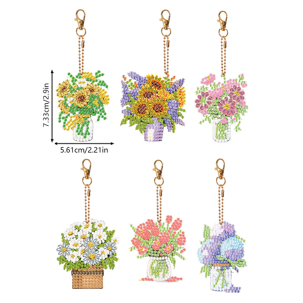 6PCS Double Sided Special Shape Diamond Painting Art Keychain Pendant Flower Pot