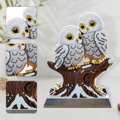 Wooden Desktop Diamond Painting Ornament Diamond Art Table Decor (Winter Owl #1)