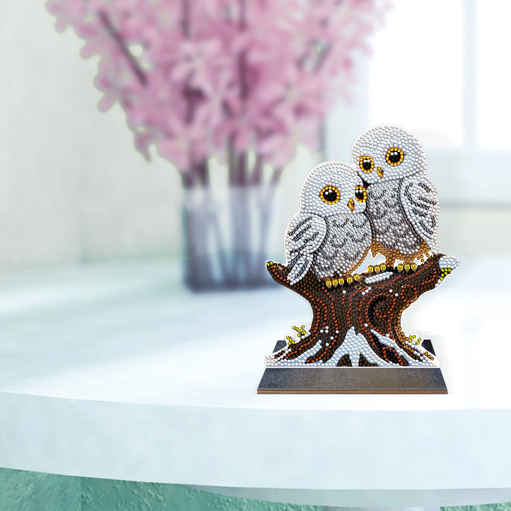 Wooden Desktop Diamond Painting Ornament Diamond Art Table Decor (Winter Owl #1)