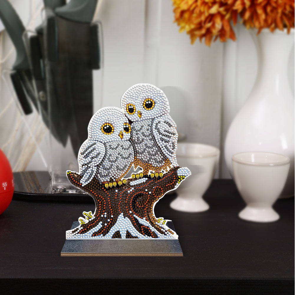 Wooden Desktop Diamond Painting Ornament Diamond Art Table Decor (Winter Owl #1)