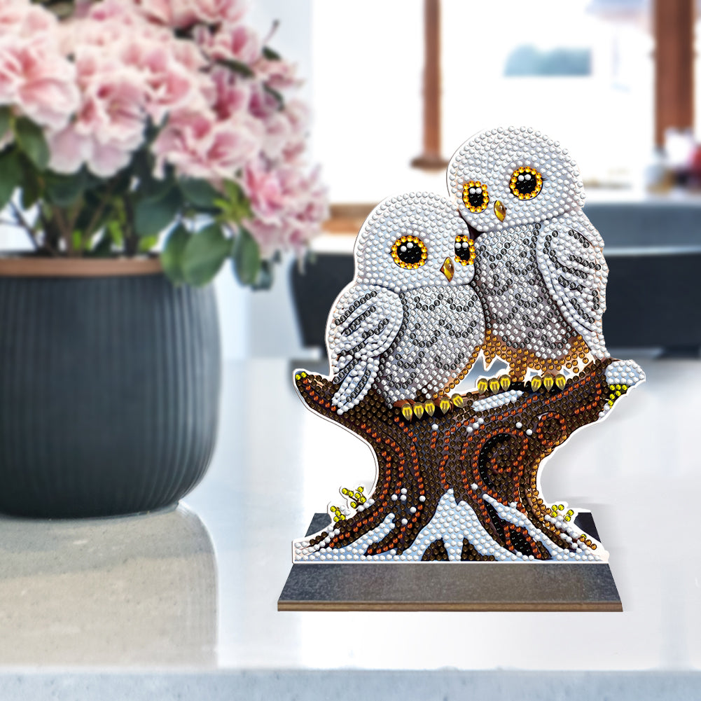 Wooden Desktop Diamond Painting Ornament Diamond Art Table Decor (Winter Owl #1)