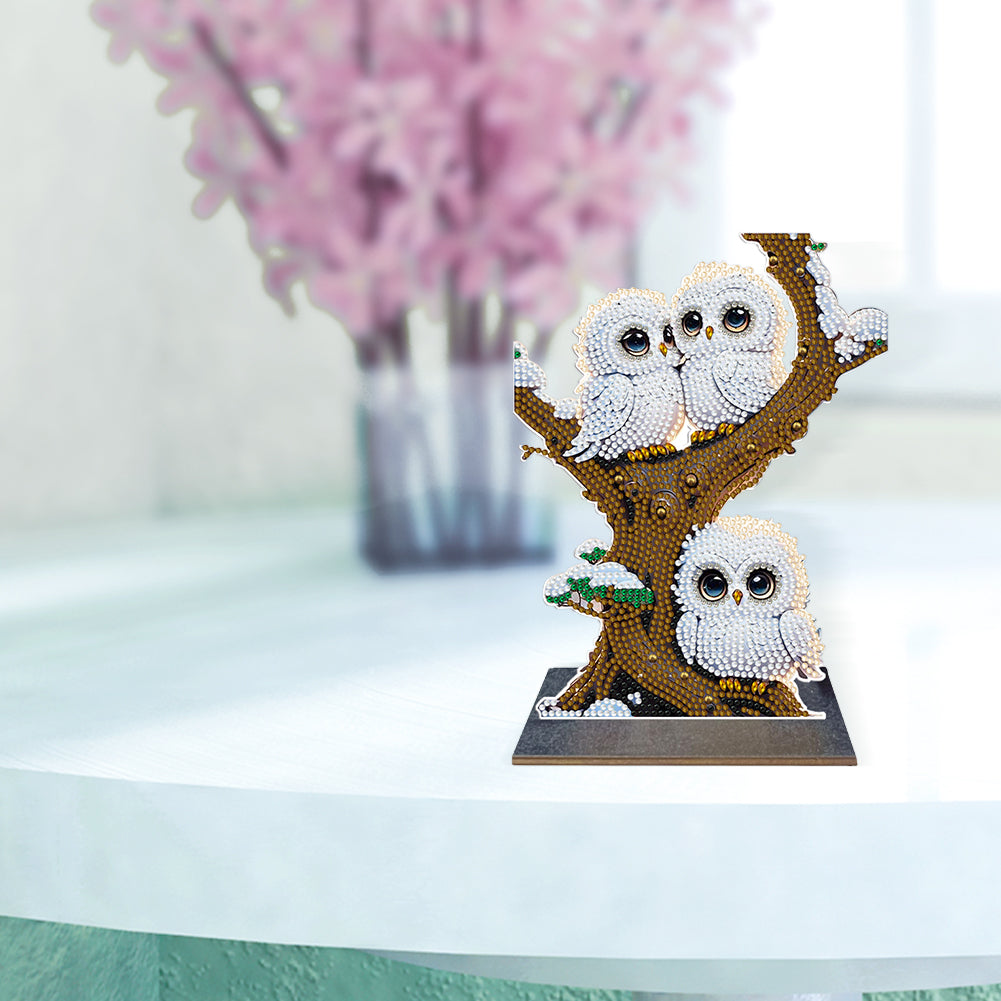 Wooden Desktop Diamond Painting Ornament Diamond Art Table Decor(Winter Owl #10)