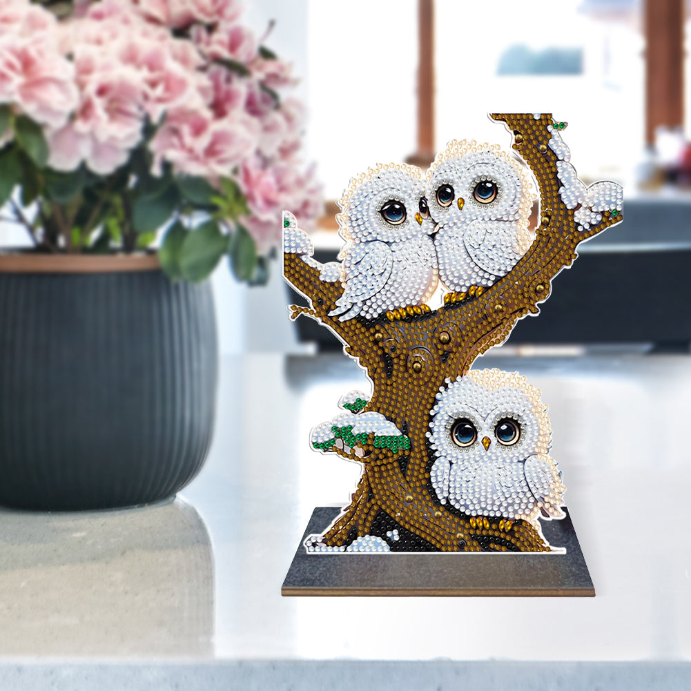 Wooden Desktop Diamond Painting Ornament Diamond Art Table Decor(Winter Owl #10)