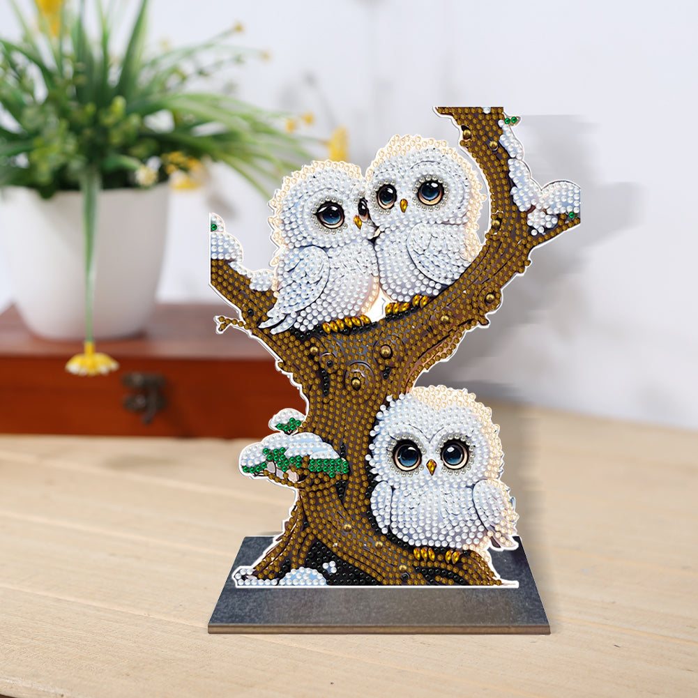 Wooden Desktop Diamond Painting Ornament Diamond Art Table Decor(Winter Owl #10)