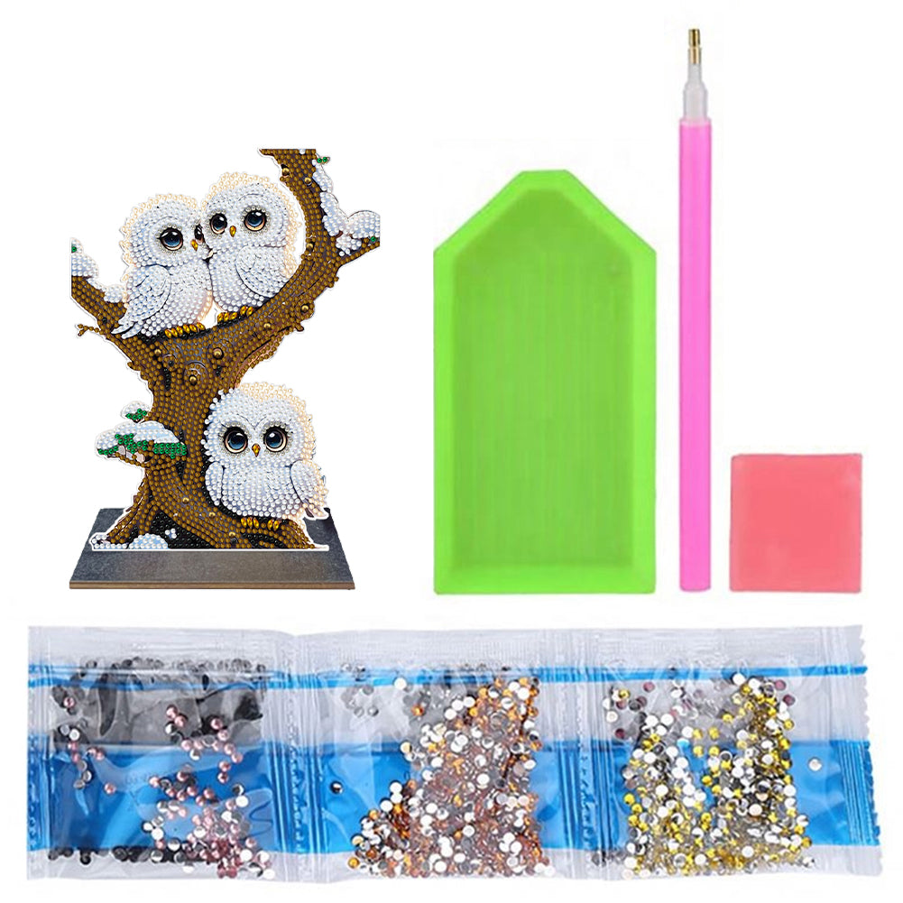 Wooden Desktop Diamond Painting Ornament Diamond Art Table Decor(Winter Owl #10)