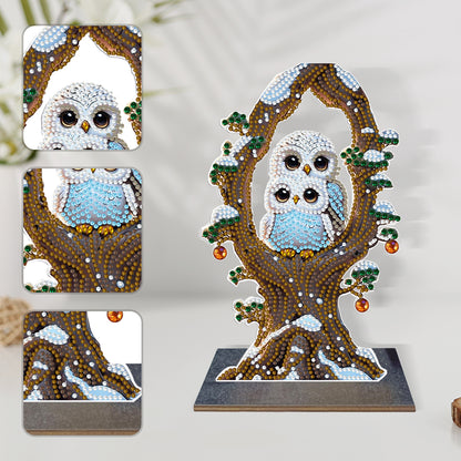 Wooden Desktop Diamond Painting Ornament Diamond Art Table Decor(Winter Owl #11)