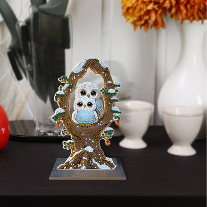 Wooden Desktop Diamond Painting Ornament Diamond Art Table Decor(Winter Owl #11)