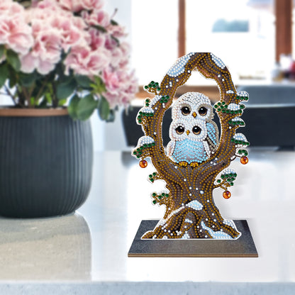 Wooden Desktop Diamond Painting Ornament Diamond Art Table Decor(Winter Owl #11)