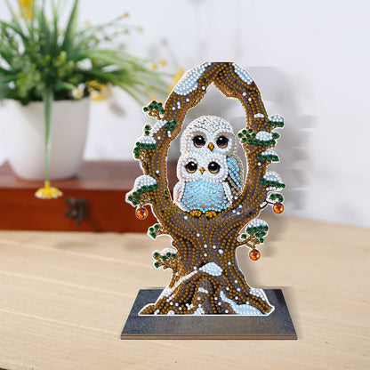 Wooden Desktop Diamond Painting Ornament Diamond Art Table Decor(Winter Owl #11)