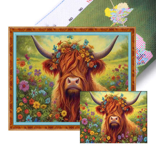 Flowers And Grass Yak - 11CT Stamped Cross Stitch 50*40CM