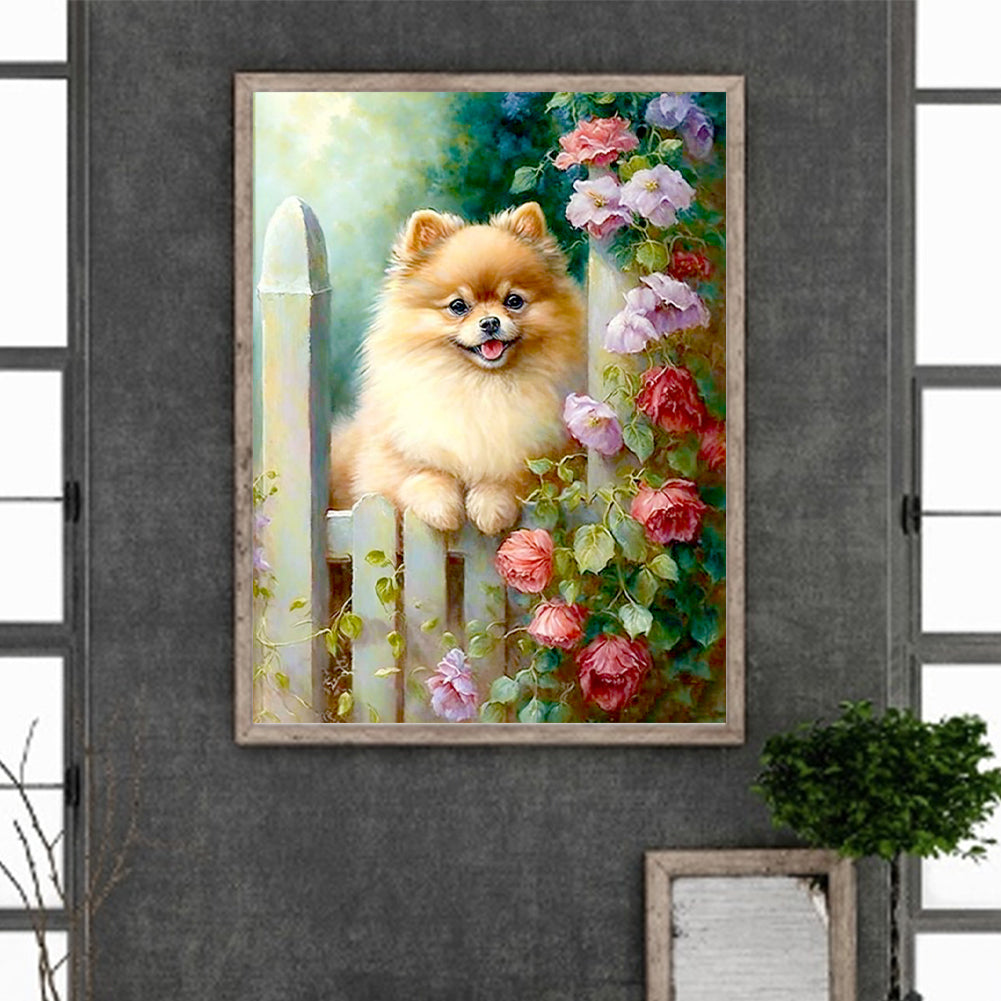 Puppies In Flower Manor - Full Round Drill Diamond Painting 30*40CM