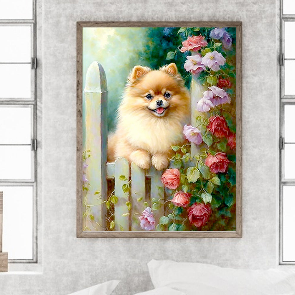 Puppies In Flower Manor - Full Round Drill Diamond Painting 30*40CM