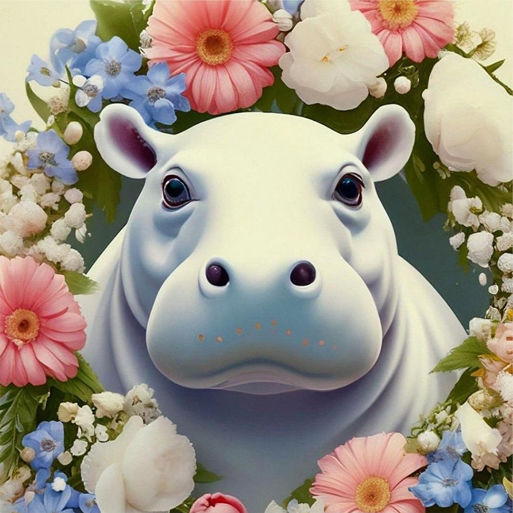 Hippopotamus And Flowers - Full Round Drill Diamond Painting 30*30CM