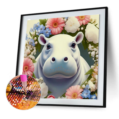 Hippopotamus And Flowers - Full Round Drill Diamond Painting 30*30CM